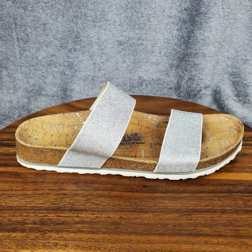 Birkenstock Birkis Slides Women's 9 40 Silver Metallic Stretch Two Straps Casual